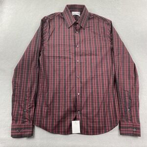 Calvin Klein Shirt Mens Small Red Plaid Button Up Extra Slim Fit Stain Shield